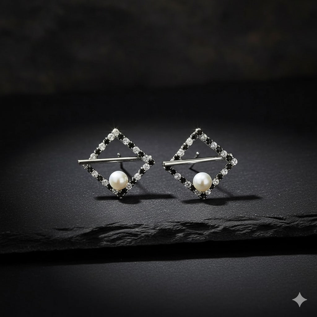 Geometric Silver-tone Earrings with Pearl Accent