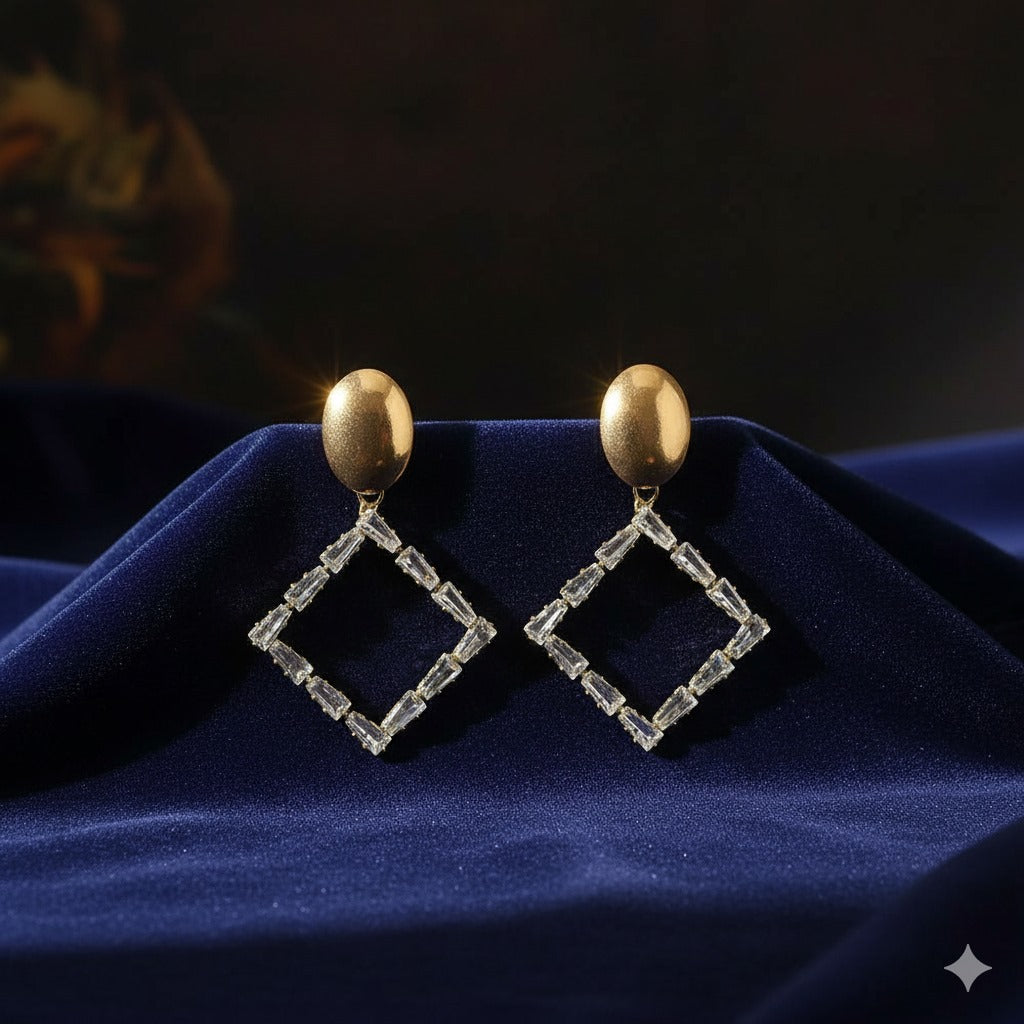 Geometric Baguette Crystal Drop Earrings with Gold Accents