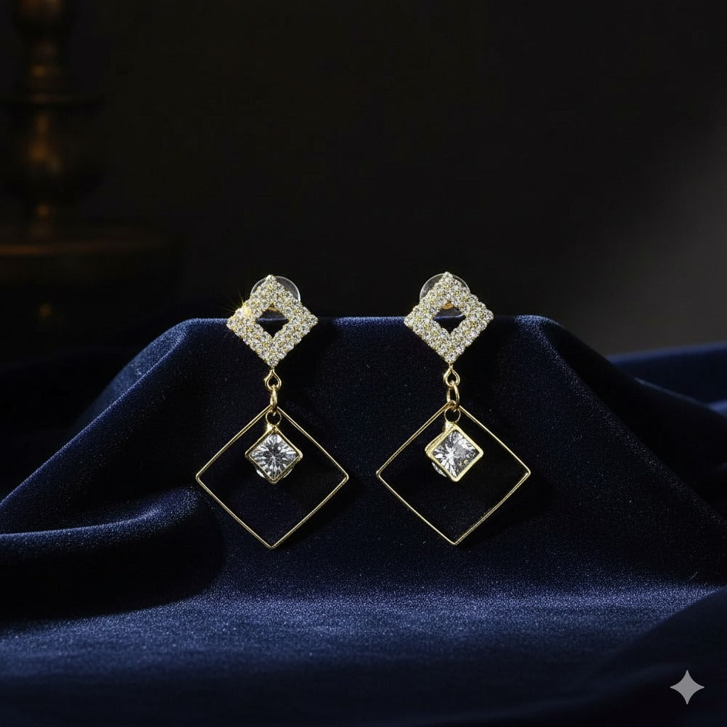 Double Geometric Crystal Drop Earrings with Gold Accents