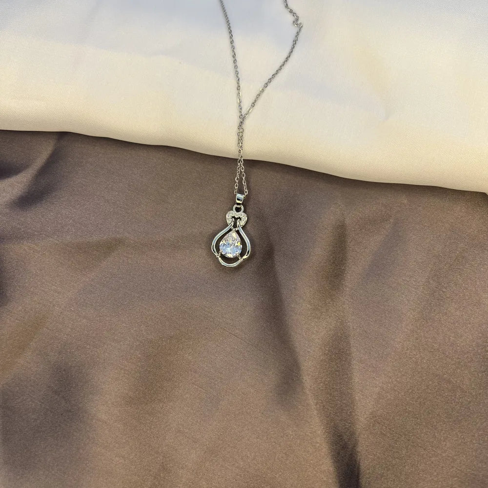 Silver-Tone Teardrop Pendant Necklace with Clear Crystal Center