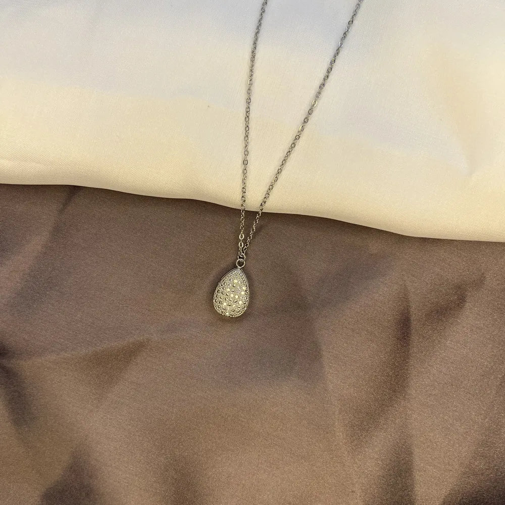 Silver-Tone Teardrop Pendant Necklace with Sparkling Crystal Accents