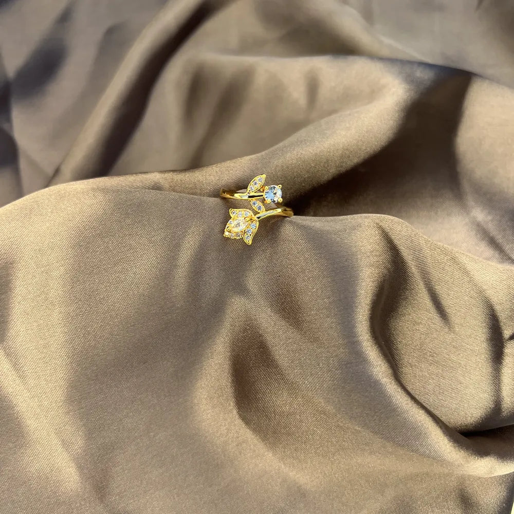 Gold-tone Floral Butterfly Crystal Ring