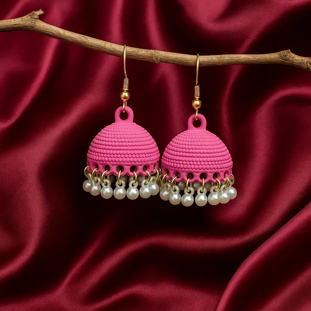 Bright Pink & Pearl Hanging Earrings