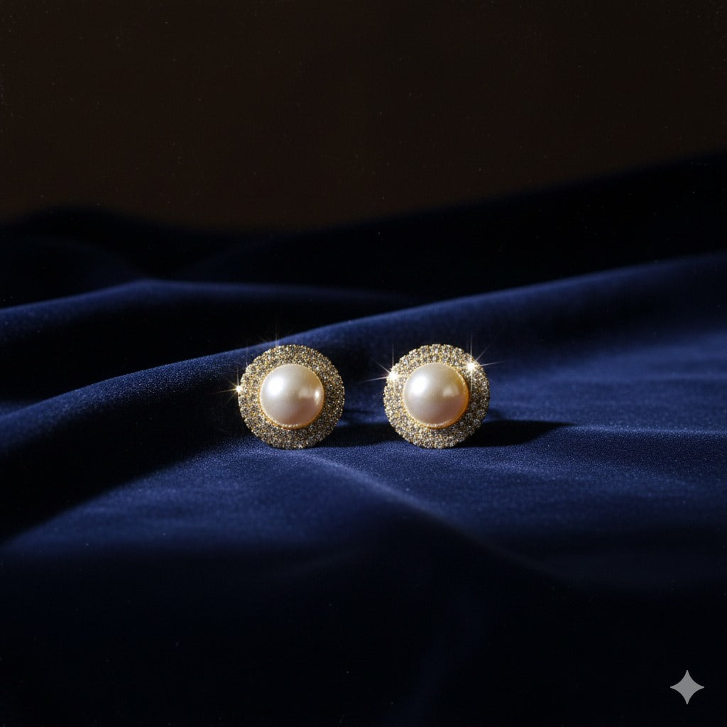 Elegant Pearl & Crystal Stud Earrings with Gold Detailing
