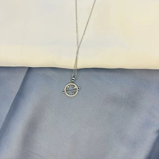 Silver-Tone Planet Pendant Necklace with Crystal Accents