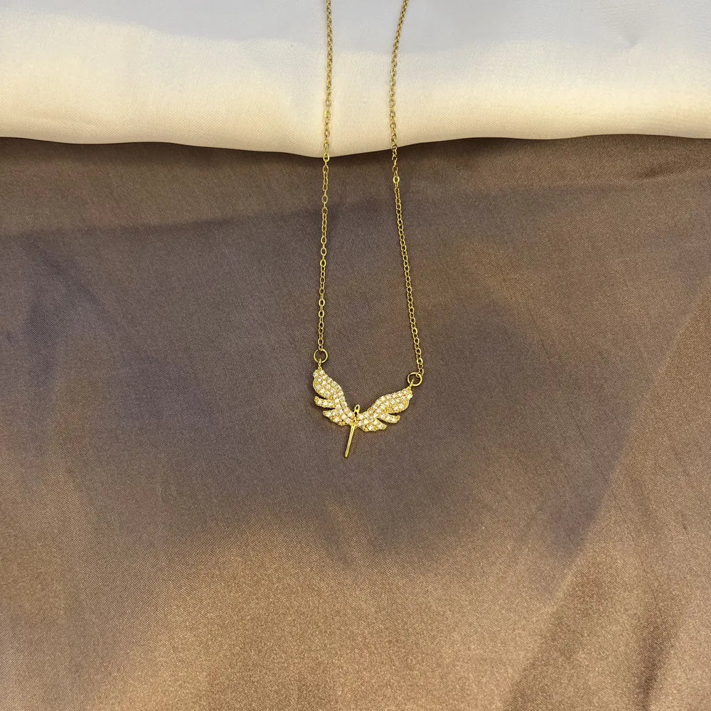 Gold-Tone Angel Wing Pendant Necklace with Crystal Accents