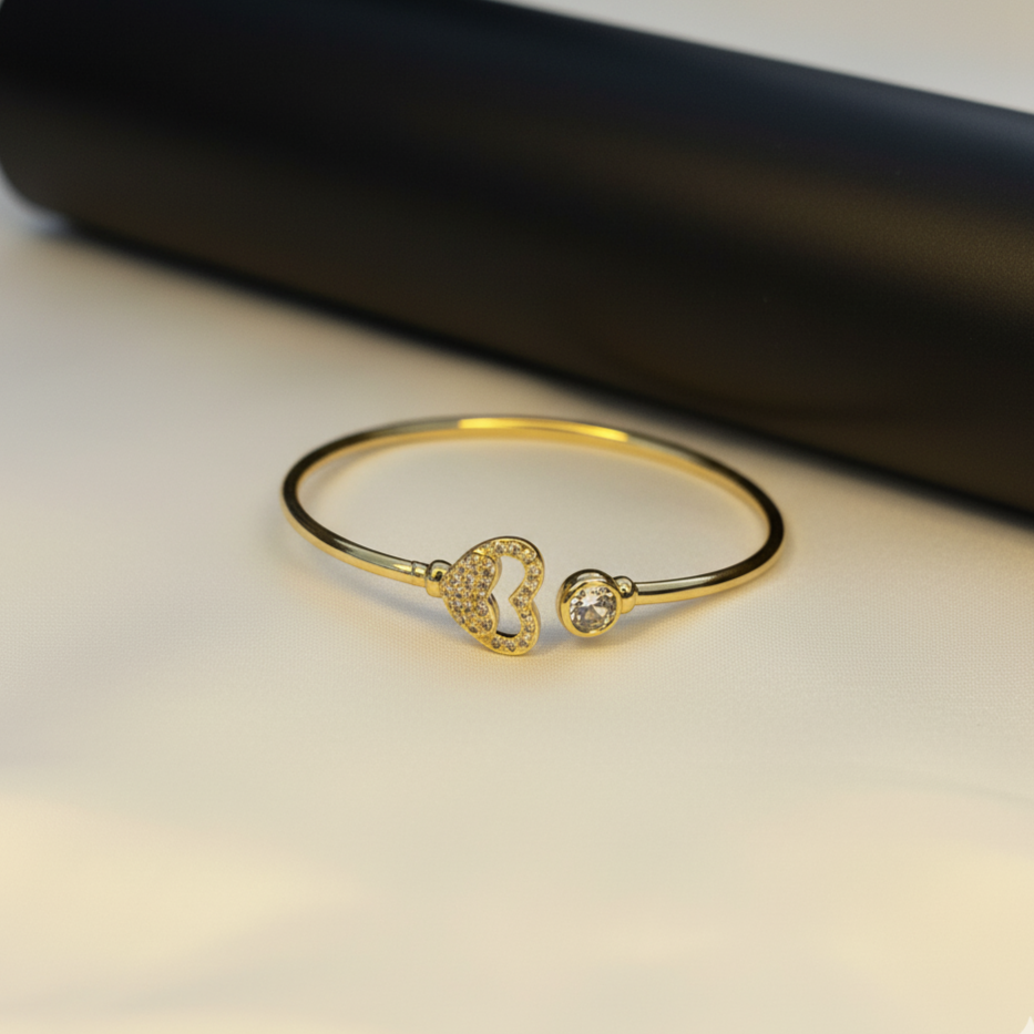 Gold-Tone Heart and Crystal Accent Open Bangle Bracelet
