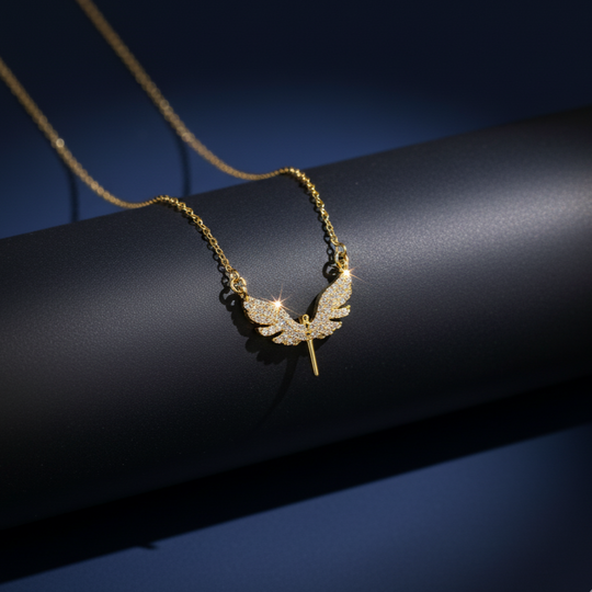 Gold-Tone Angel Wing Pendant Necklace with Crystal Accents