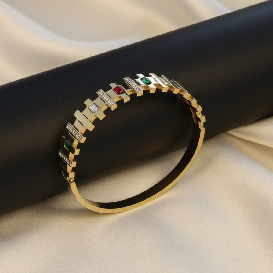 Gold-Tone Geometric Bracelet with Colorful Crystal Accents