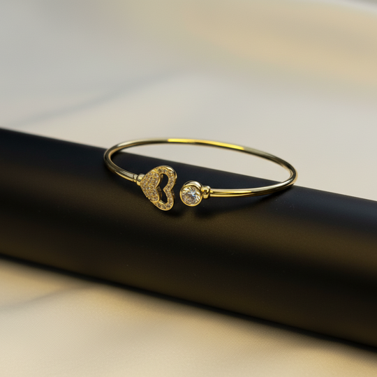 Gold-Tone Heart and Crystal Accent Open Bangle Bracelet
